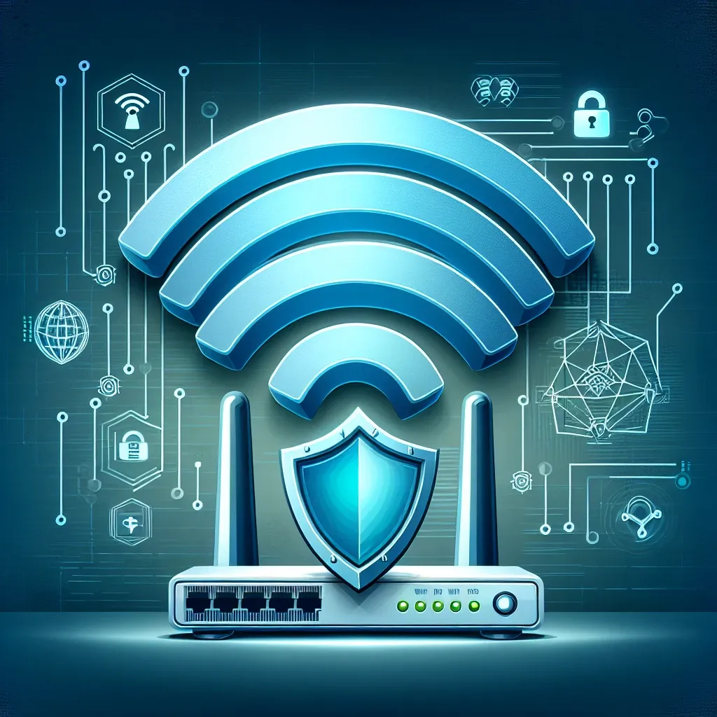 "Ilustrasi Standar Keamanan Wi-Fi Terbaru: Menampilkan simbol proteksi data dan jaringan Wi-Fi yang kuat untuk menunjukkan perlindungan data yang lebih efektif di era digital."