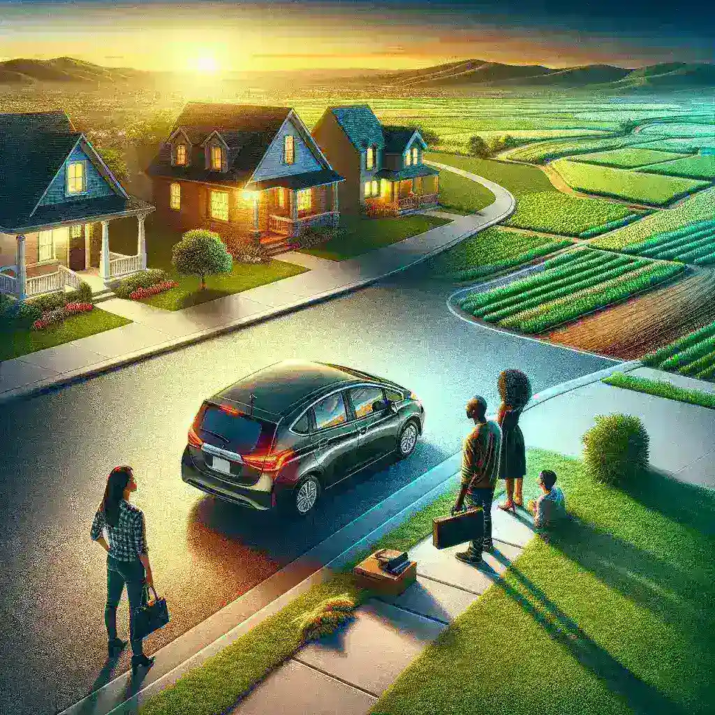 "Ilustrasi pengembangan platform ride-sharing inovatif untuk daerah suburban dan rural, menampilkan pengguna yang memanfaatkan layanan transportasi berbasis aplikasi dengan latar belakang pemandangan pedesaan yang indah."